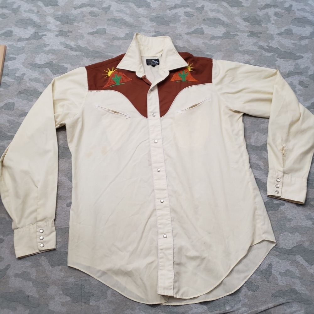 True Vintage Dude Shirt Mens Large Yellow Pearl Snap Long Sleeve Smiley Pockets